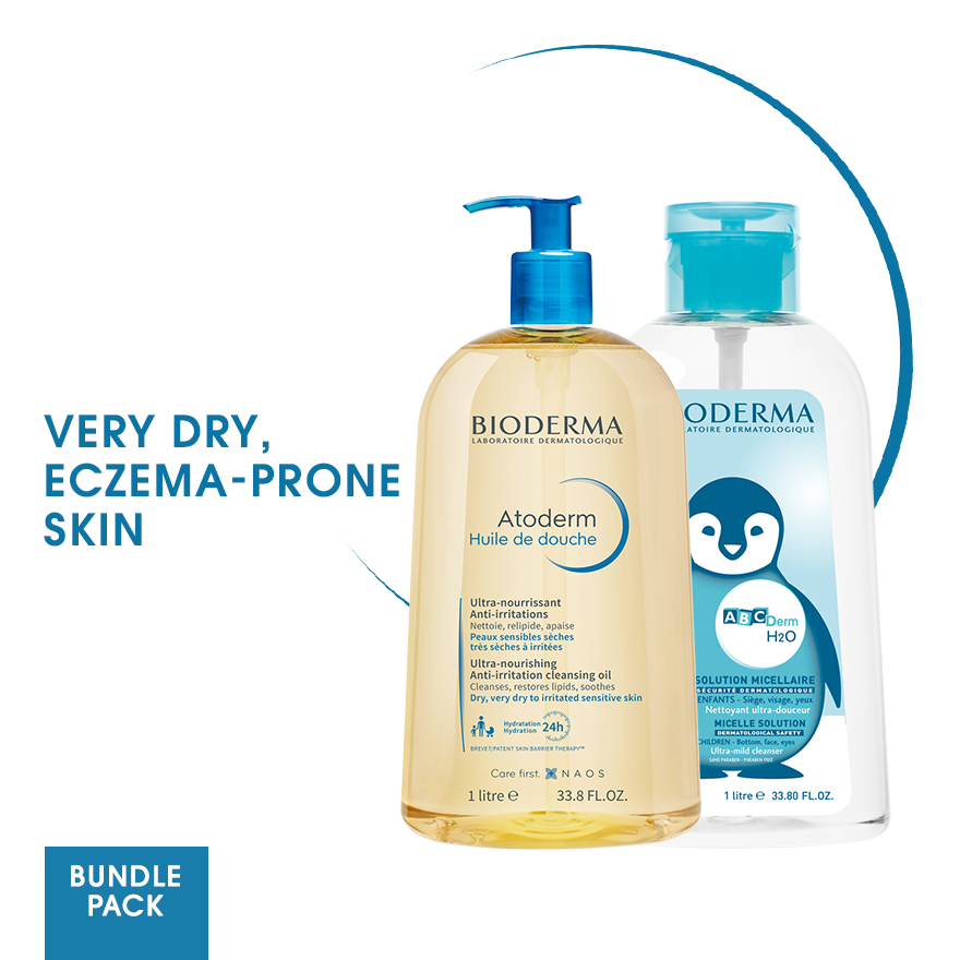 baby-fair Bioderma Daily Cleansing Set for Babies & Children & Adults with Very Dry to Eczema-prone Skin (Atoderm Huile de douche 1L + ABCDerm Reversed Pump H2O 1L)