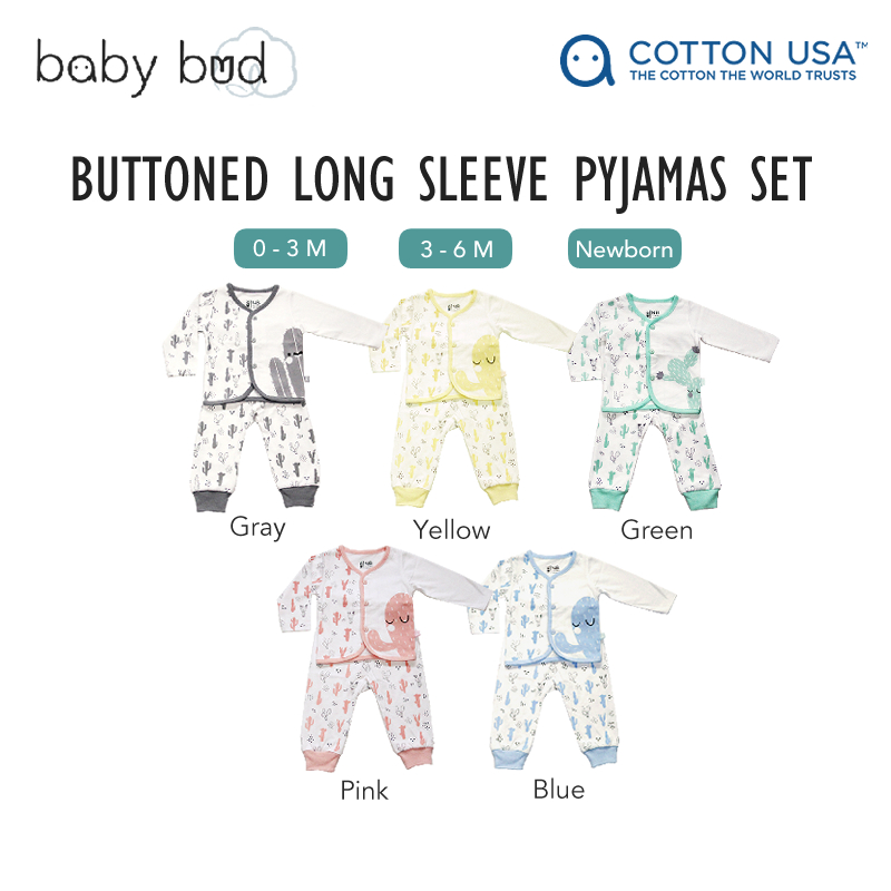 Baby Bud Baby Buttoned Long Sleeve Pyjamas Set | from Newborn | 100% US Cotton | Softer & More Durable