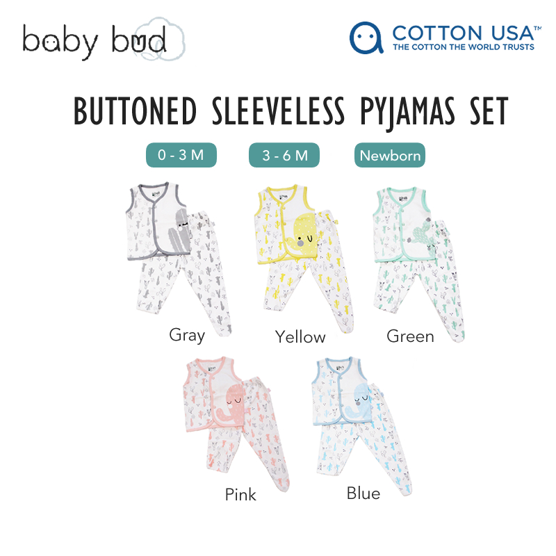 Baby Bud Baby Buttoned Sleeveless Pyjamas Set | from Newborn | 100% US Cotton | Softer & More Durable