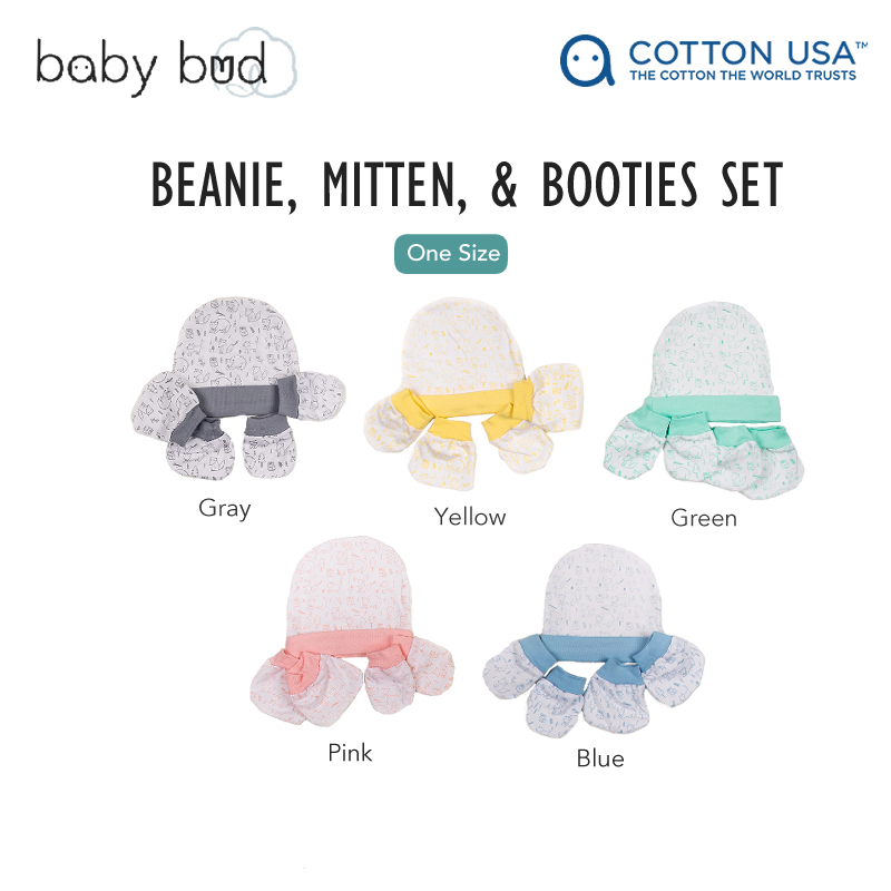 baby-fair Baby Bud Baby Beanie + Mitten + Booties Set | from Newborn | 100% US Cotton | Softer & More Durable