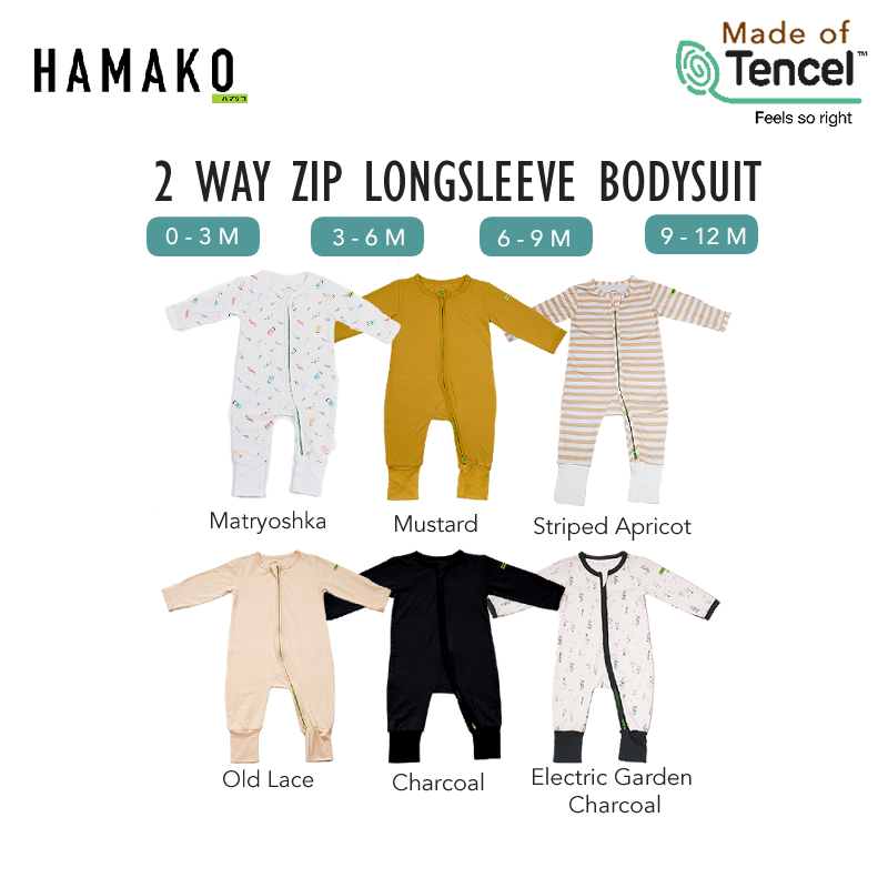 Hamako Baby 2Way Zip Long Sleeve Bodysuit | from Newborn | Safe for Sensitive Skin | Premium Grade Tencel Intimate