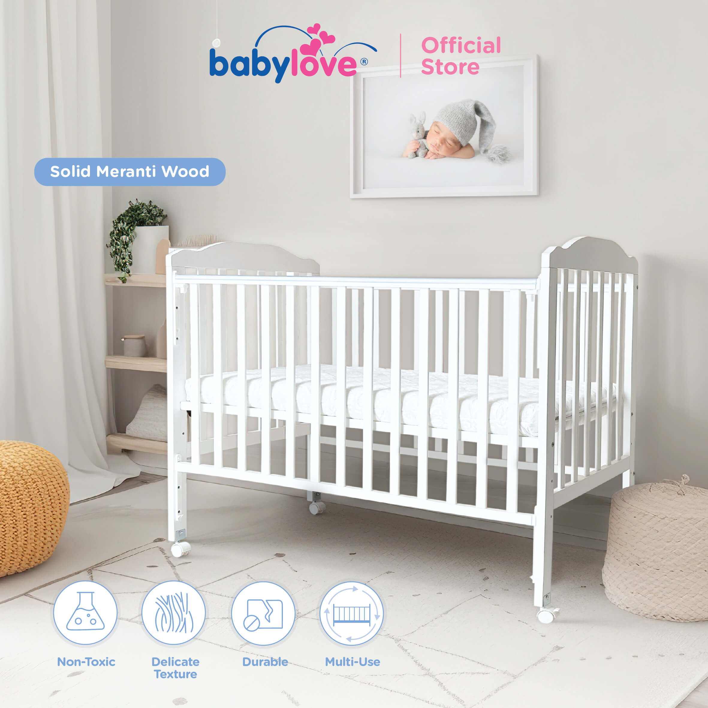 Babylove Best Solid Meranti Wood Basic Baby Cot 10 in 1 Bundle + FREE INSTALLATION