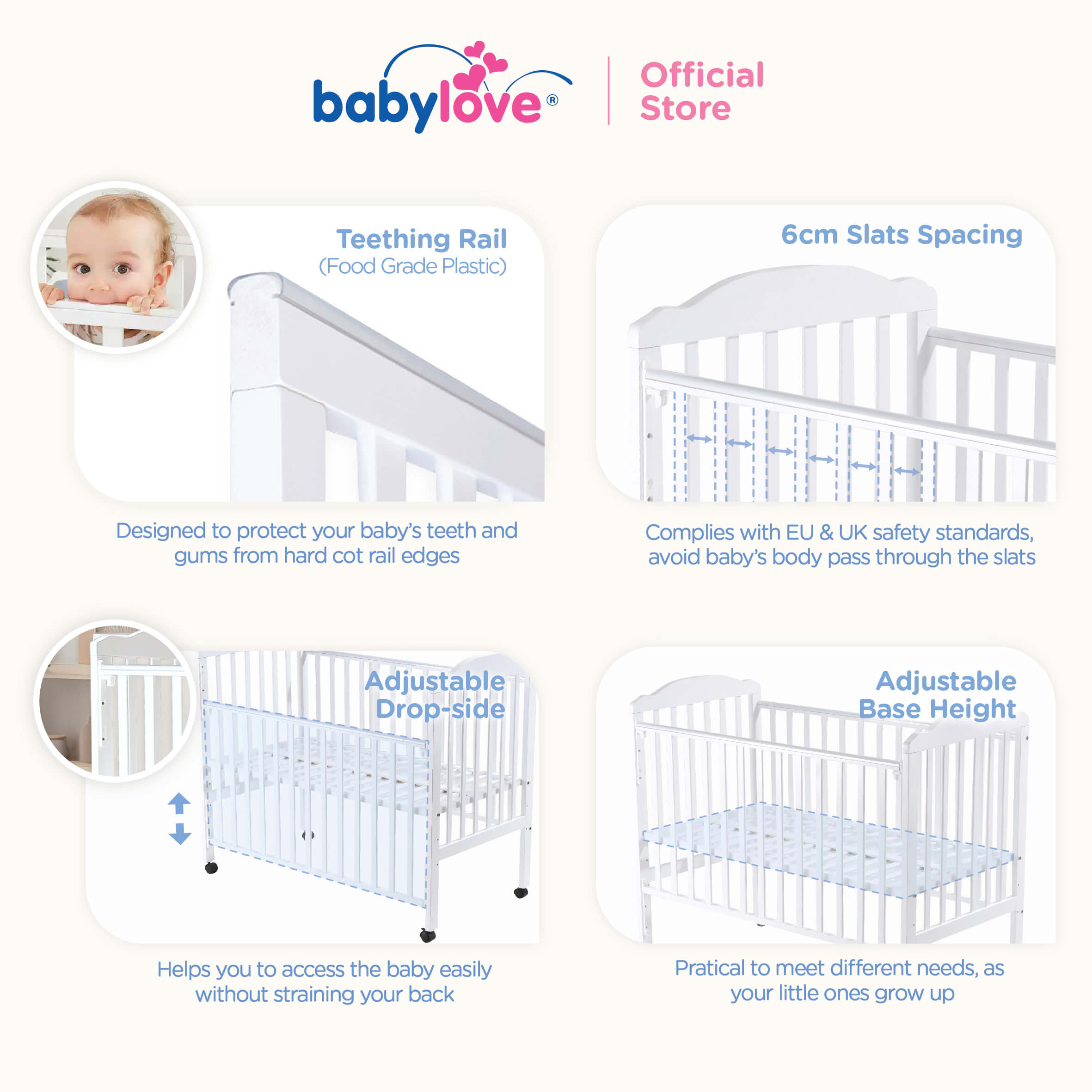 Babylove Best Solid Meranti Wood Basic Baby Cot 10 in 1 Bundle + FREE INSTALLATION