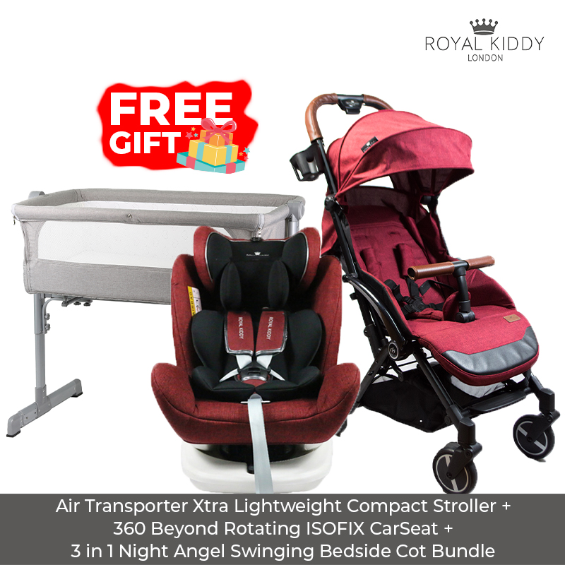 Royal Kiddy London Air Transporter Xtra Lightweight Compact Stroller + RK 360 Beyond Rotating ISOFIX Car Seat + RK 3 in 1 Night Angel Swinging Bedside Cot