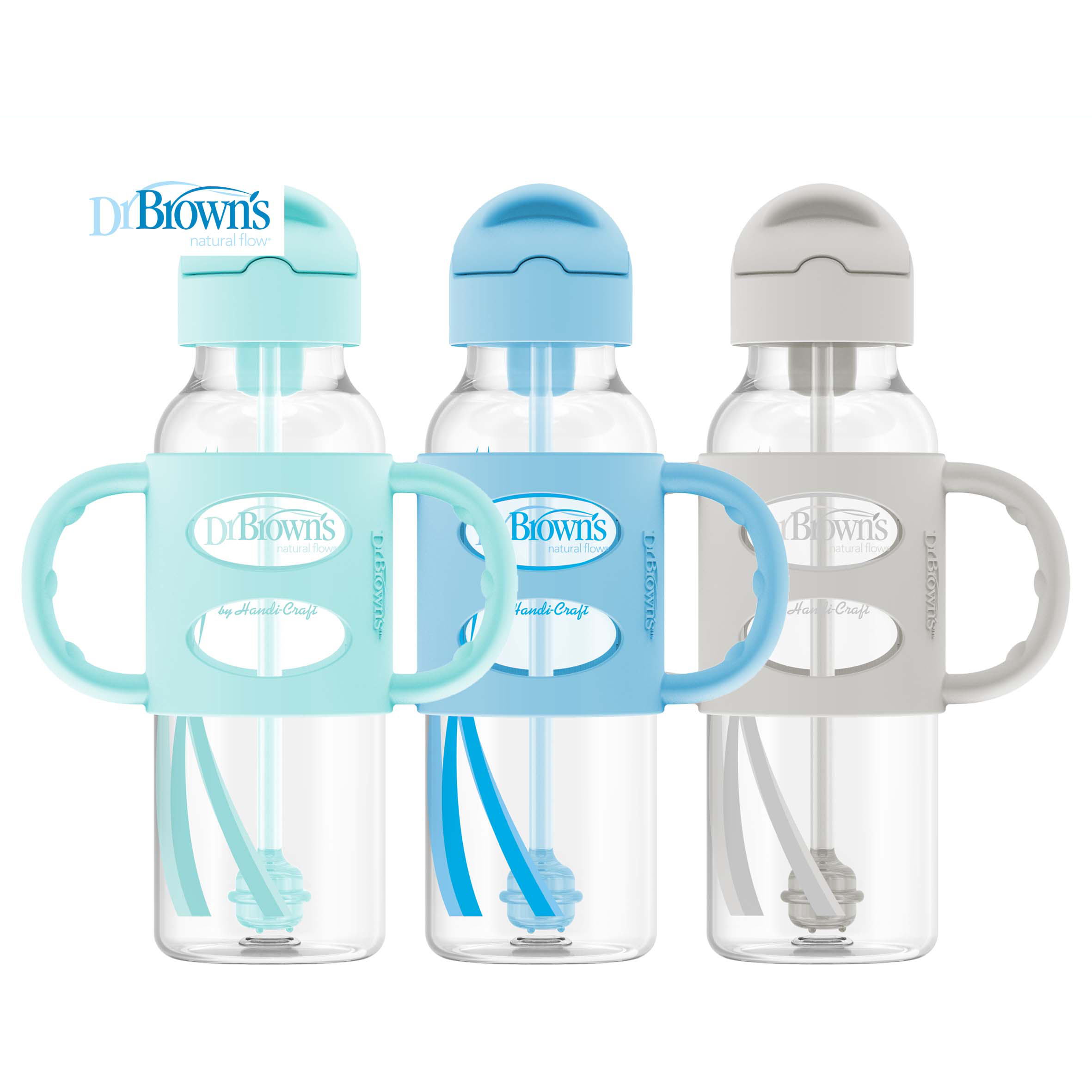 Dr Brown's 250ml PP Narrow Sippy Straw Bottle w/Silicone Handles (Blue/Green/Grey)