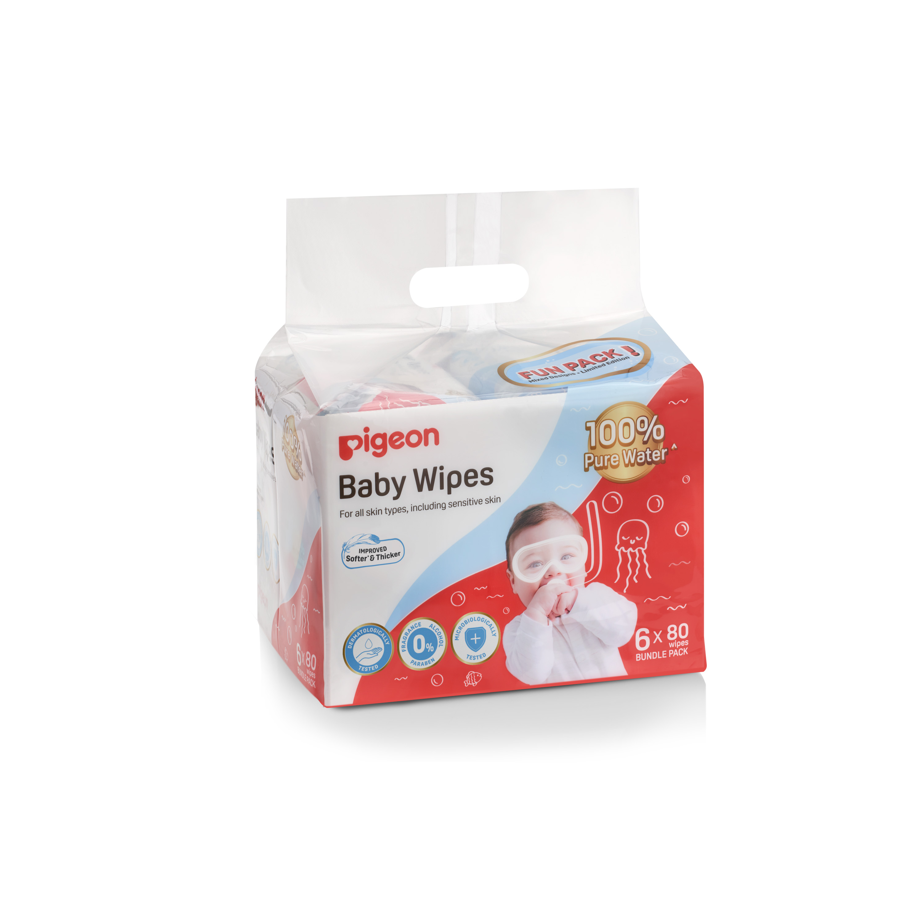Pigeon Pigeon Baby Wipes 80 Sheets 100% Pure Water 6 in 1 (Bundle of 4) (PG-79496SC)