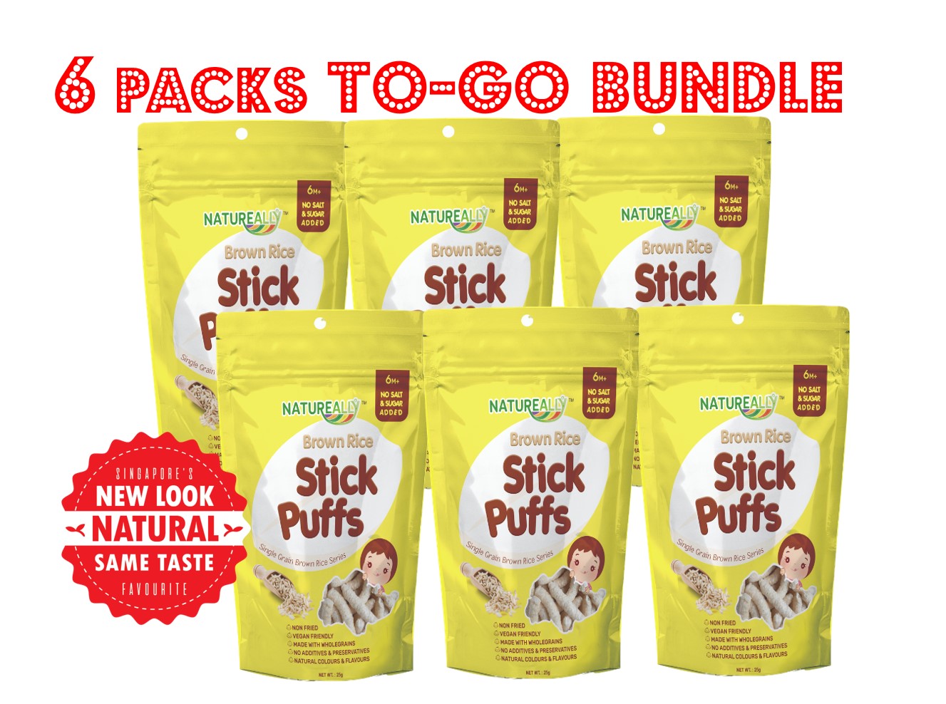 Value Pack Of 6x25G NATUREALLY Original Brown Rice STICK Puffs (No Sugar, Salt & Msg Added) - 6m+
