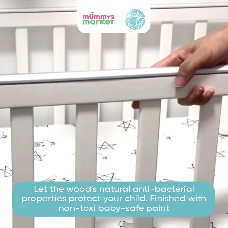 Cheeky Bon Bon 4-in-1 Anti-Microbial Solid Wood with Drop Side Mechanism Baby Cot (3 Years Warranty)