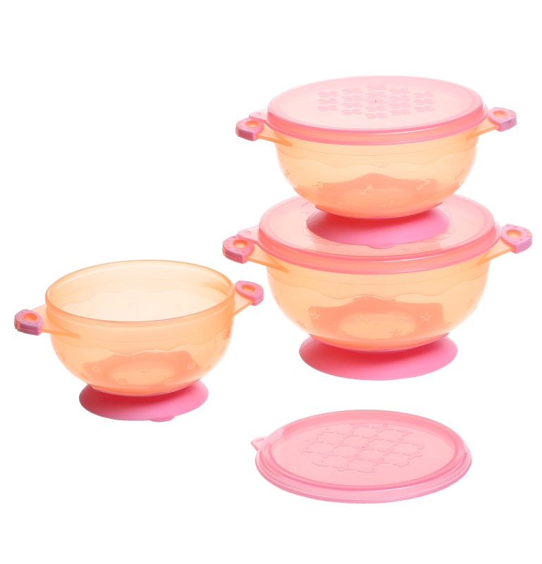 Bonbijou Suction Bowls with Lids - Pink (3Pack)