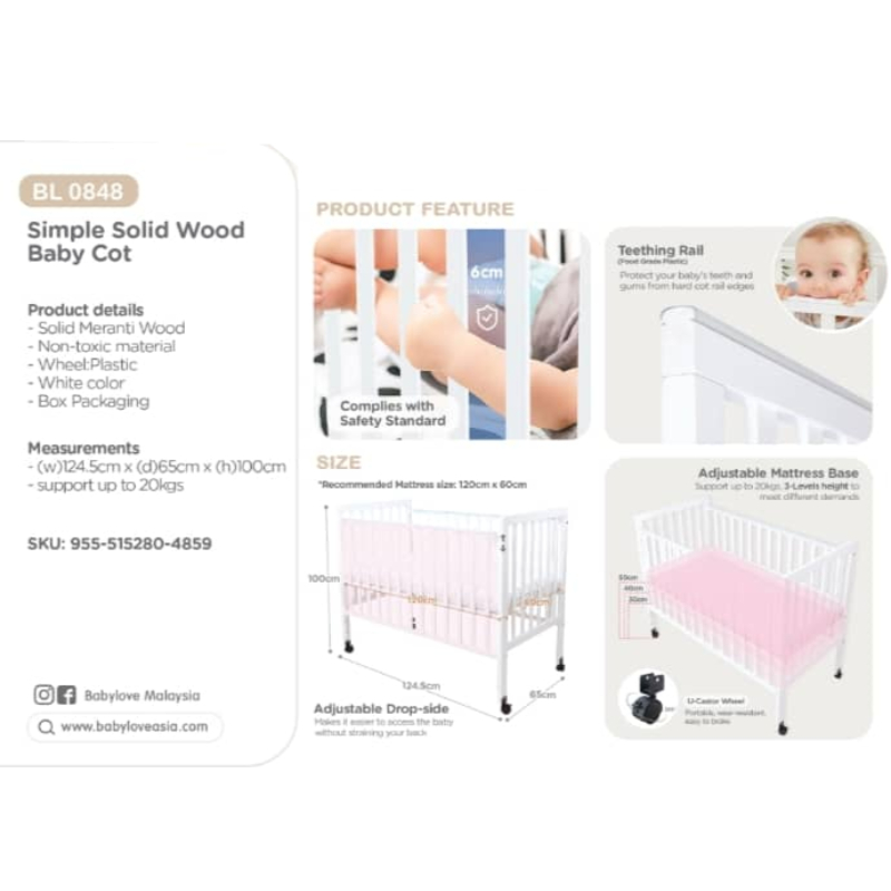 Babylove Simple Solid Wood Baby Cot (120x60cm size) *Cot Only + 1 Year Warranty