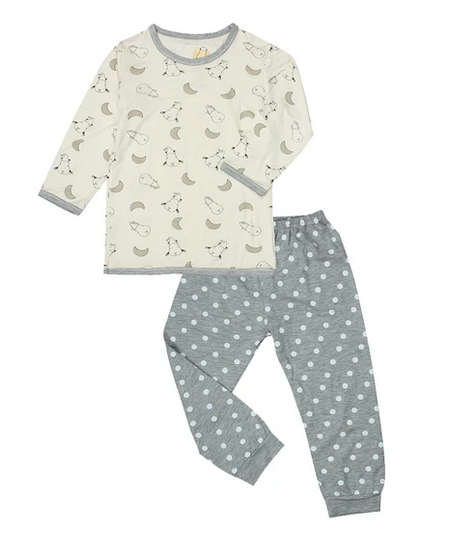 Baa Baa Sheepz Long Sleeve Shirt & Long Pants Pyjamas Set - Small Moon & Sheepz / Yellow + Polka Dot / Grey (0 - 24months)