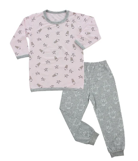 Baa Baa Sheepz Long Sleeve Shirt & Long Pants Pyjamas Set - Small Star & Sheepz / Pink + Big Sheepz / Grey