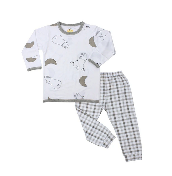 baby-fair Baa Baa Sheepz Long Sleeve Shirt & Long Pants Pyjamas Set - Big Moon & Sheepz / White + Checkers / Grey (3years +)