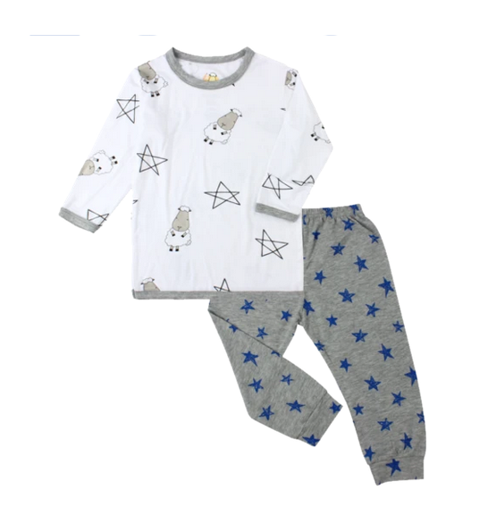 Baa Baa Sheepz Long Sleeve Shirt & Long Pants Pyjamas Set - Big Star & Sheepz / White + Blue Star / Grey (0 - 24months)