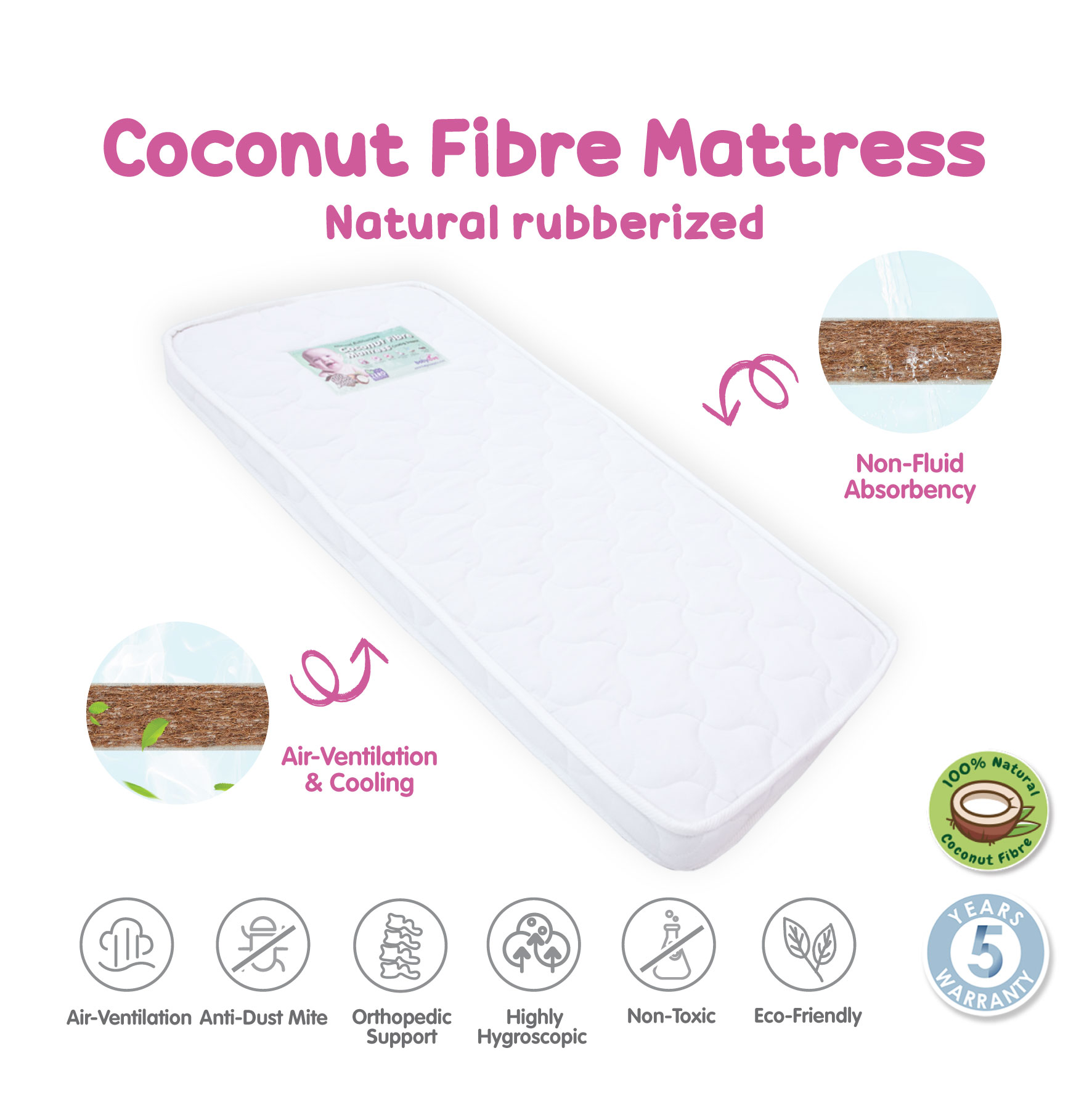 BabyLove 100% Natural Coconut Fibre Mattress (FM3 - 60 x 120 x 7.5cm)