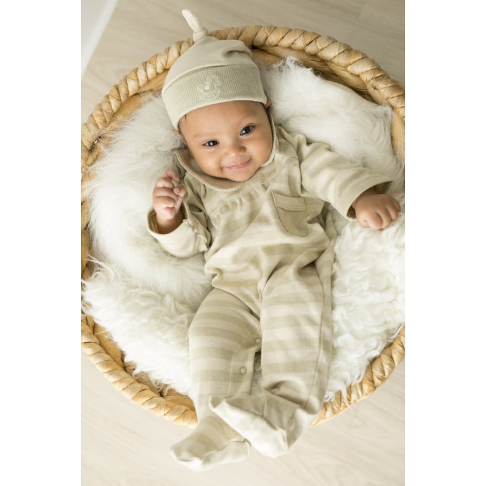 Baby Piper Collar Mid Sleeve Romper with Socks 100% Organic Cotton Dye-Free (1105) Green Stripes