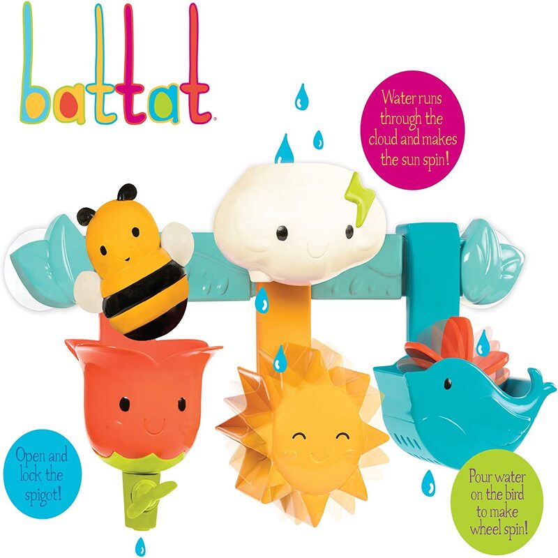 Battat Rain & Shine Bath Bar, 6 Removable Pieces & 2 Suction Cups Best Bath Toys for Toddlers Spin N Squirt
