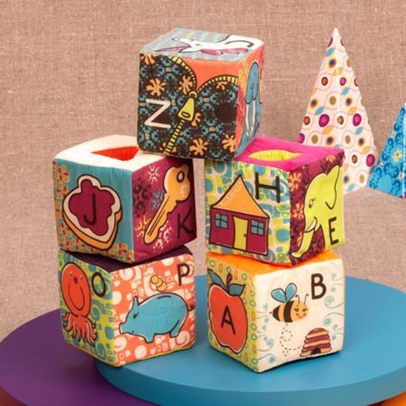 B.Toys ABC Block Party 6 Fabric Blocks with 5 Various Insert Pieces in 1 Reusable Bag