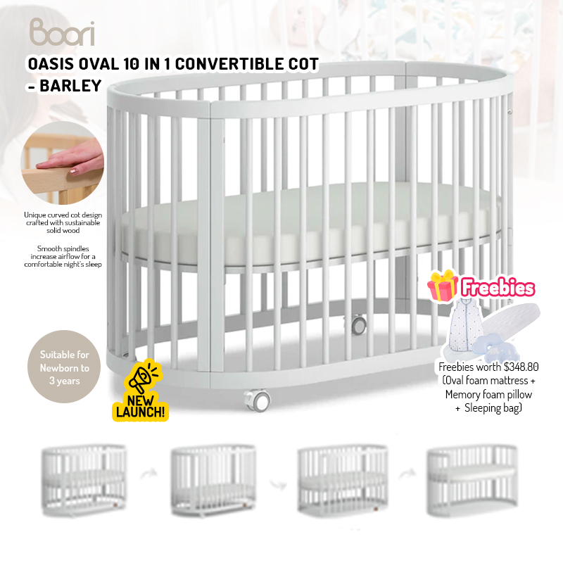 Boori Oasis Oval 10-in-1 Convertible Cot (Barley) + FREE Gifts worth $348.80!