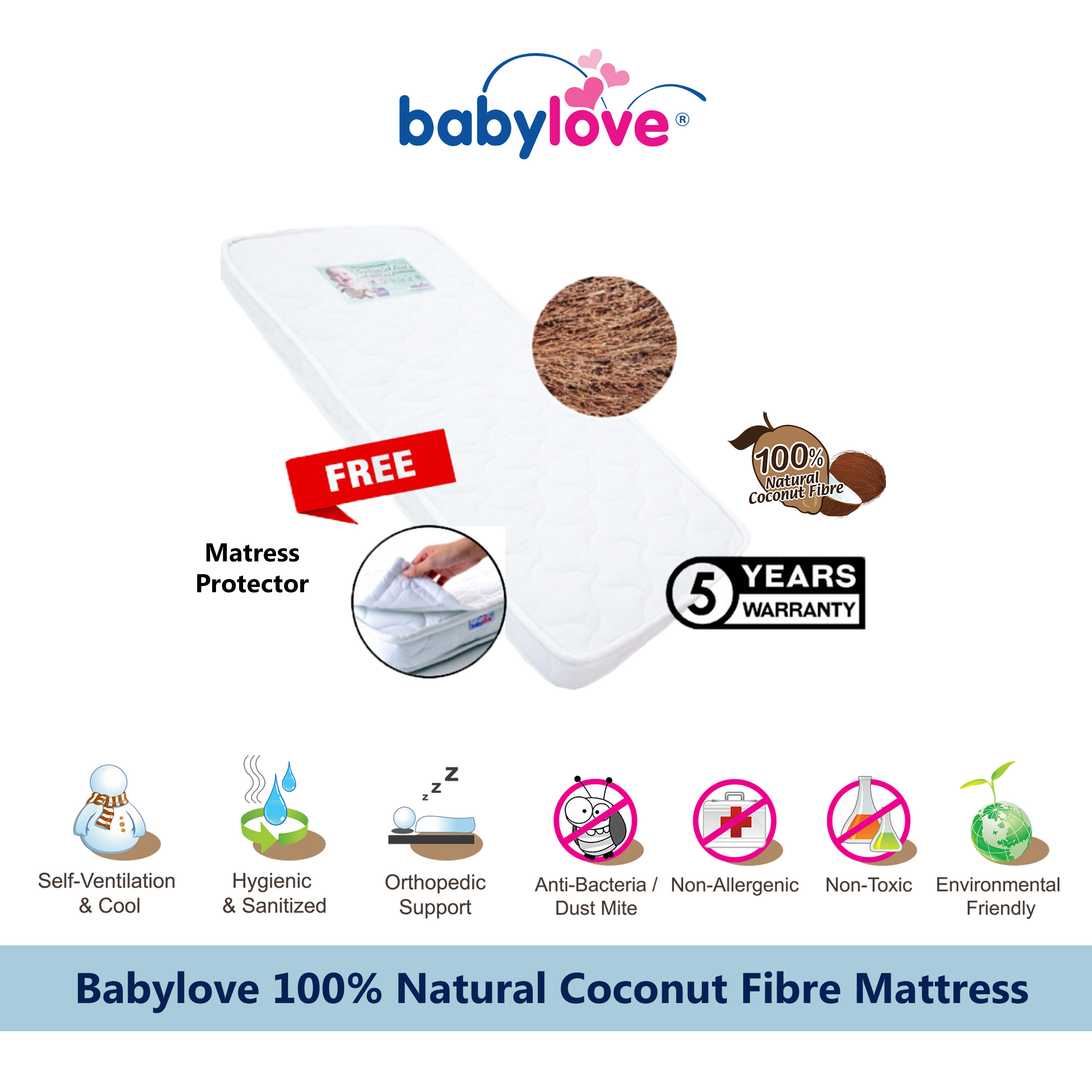 Babylove Natural Coconut Fibre Mattress (60 x 120 x 7.5cm)