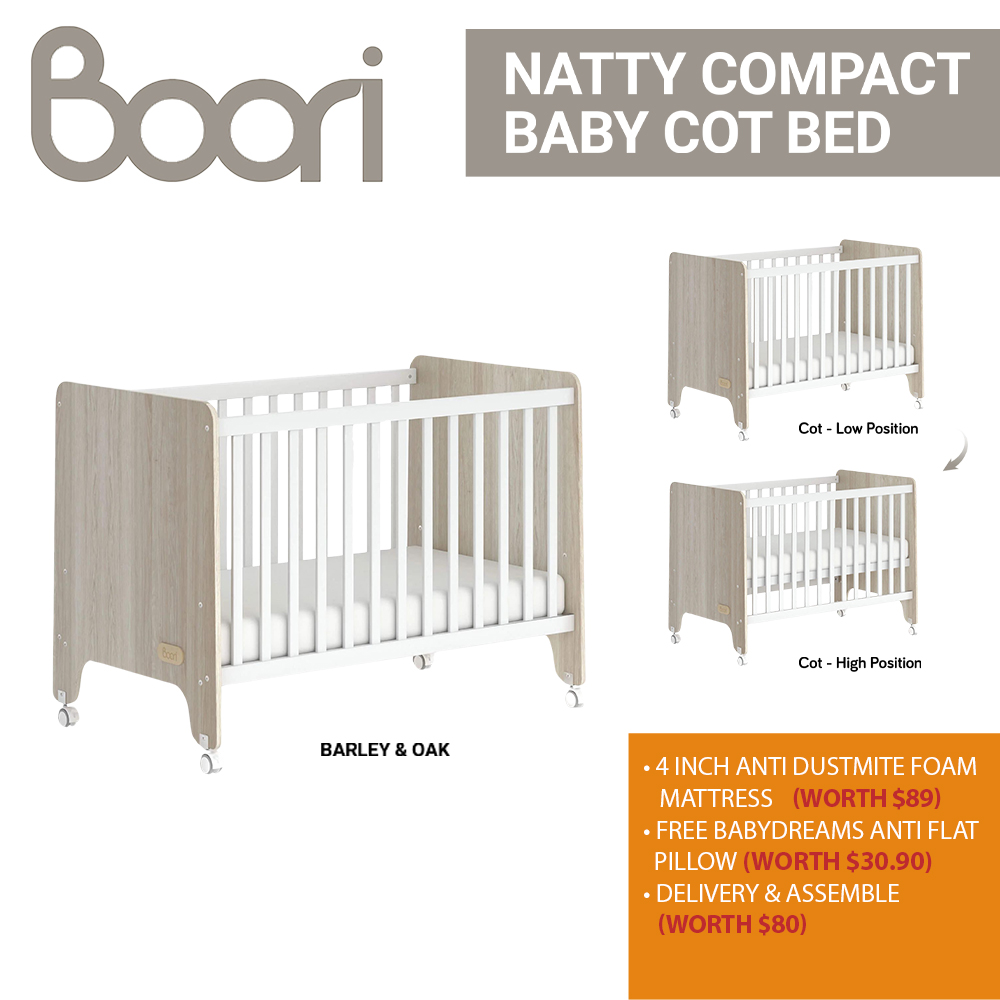 Boori Natty Compact 4 in 1 Convertible Cot - Barley White & Oak + PWP Options