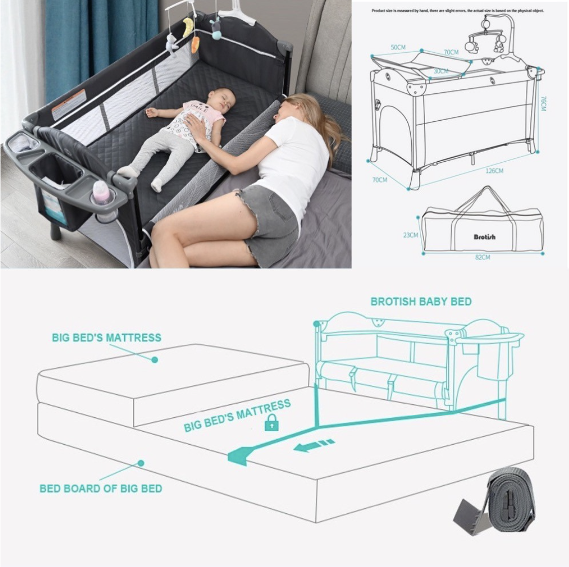 Brotish Foldable 2 Layers Playpen with Cradle Function 4 Adjustable Layer Co-Sleeper