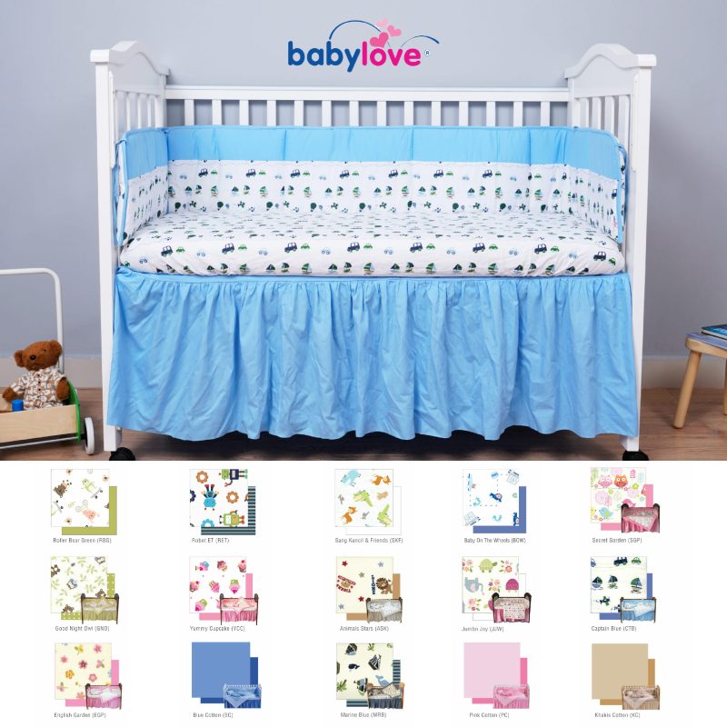 Babylove Premium 100% Cotton Cot Bumper (Full Surrounding) - Assorted + Cot Fitted Sheet