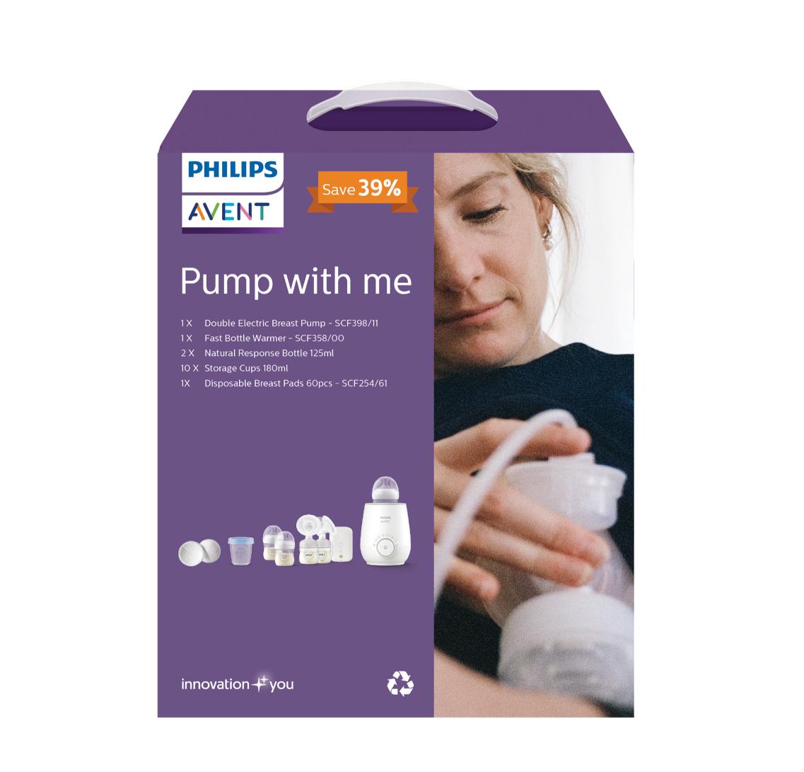 Philips Avent Pump With Me Bundle - Double Electric Breast Pump + Fast Bottle Warmer + Disposable Breast Pads (60pcs) + 125ml Natural Response Bottle (2pcs Single Pack) + Storage 180ml (10pcs)