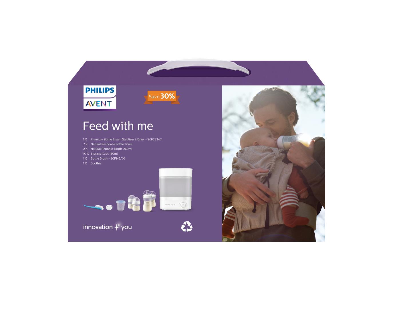 Philips Avent Feed With Me Bundle - Premium Bottle Steam Sterilizer & Dryer + Bottle & Teat Brush + 260ml Natural Response Bottle (Twin Pack) + 125ml Natural Response Bottle (2pcs Single Pack) + Curved Soothie 0-6M + Storage Cup 180ml (10pcs)