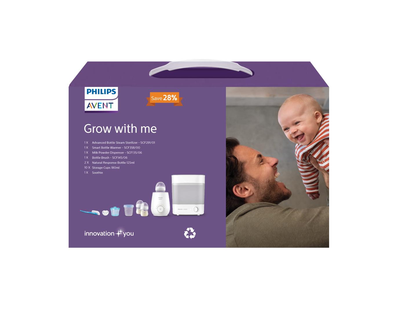 Philips Avent Grow With Me Bundle (Advanced Bottle Steam Sterilizer + Fast Bottle Warmer + Bottle & Teat Brush + Milk Powder Dispenser + 125ml Natural Response Bottle (2pcs) + Curved Soothie 0-6M + Storage Cup 180ml (10pcs)