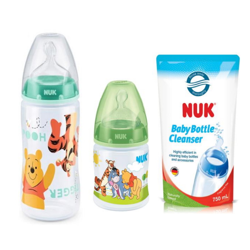 NUK Baby Bottle Cleanser Refill 750ml(x1) + Disney 150ml PP Bottle Sil(x1) + Disney 300ml PP Bottle Sil(x1)