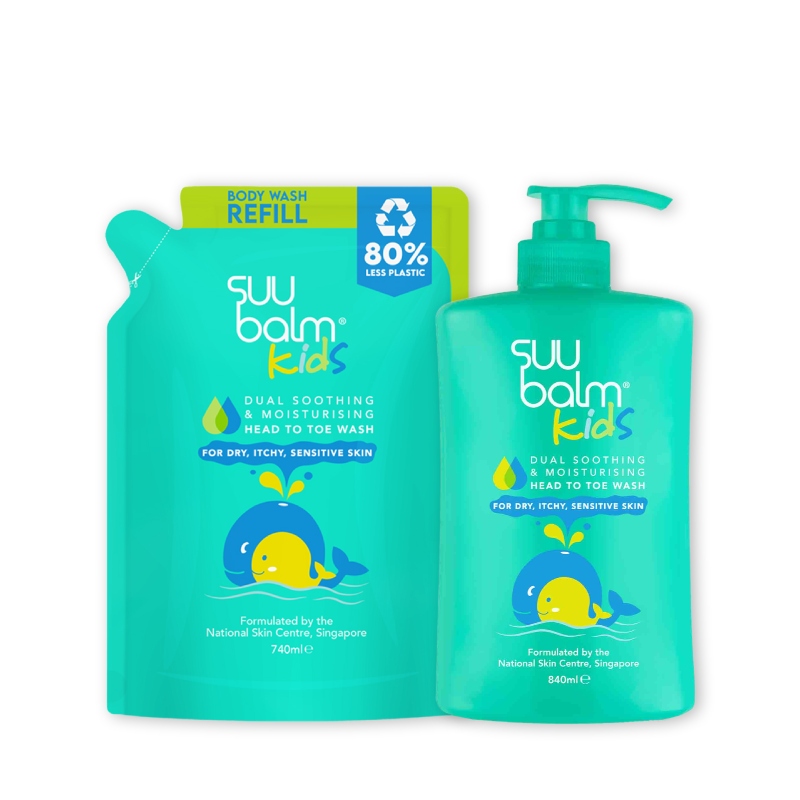 Suu Balm Kids Cleanse and Refill Bundle (Head-To-Toe Wash Refill 740ml + Head-To-Toe Wash 840ml)