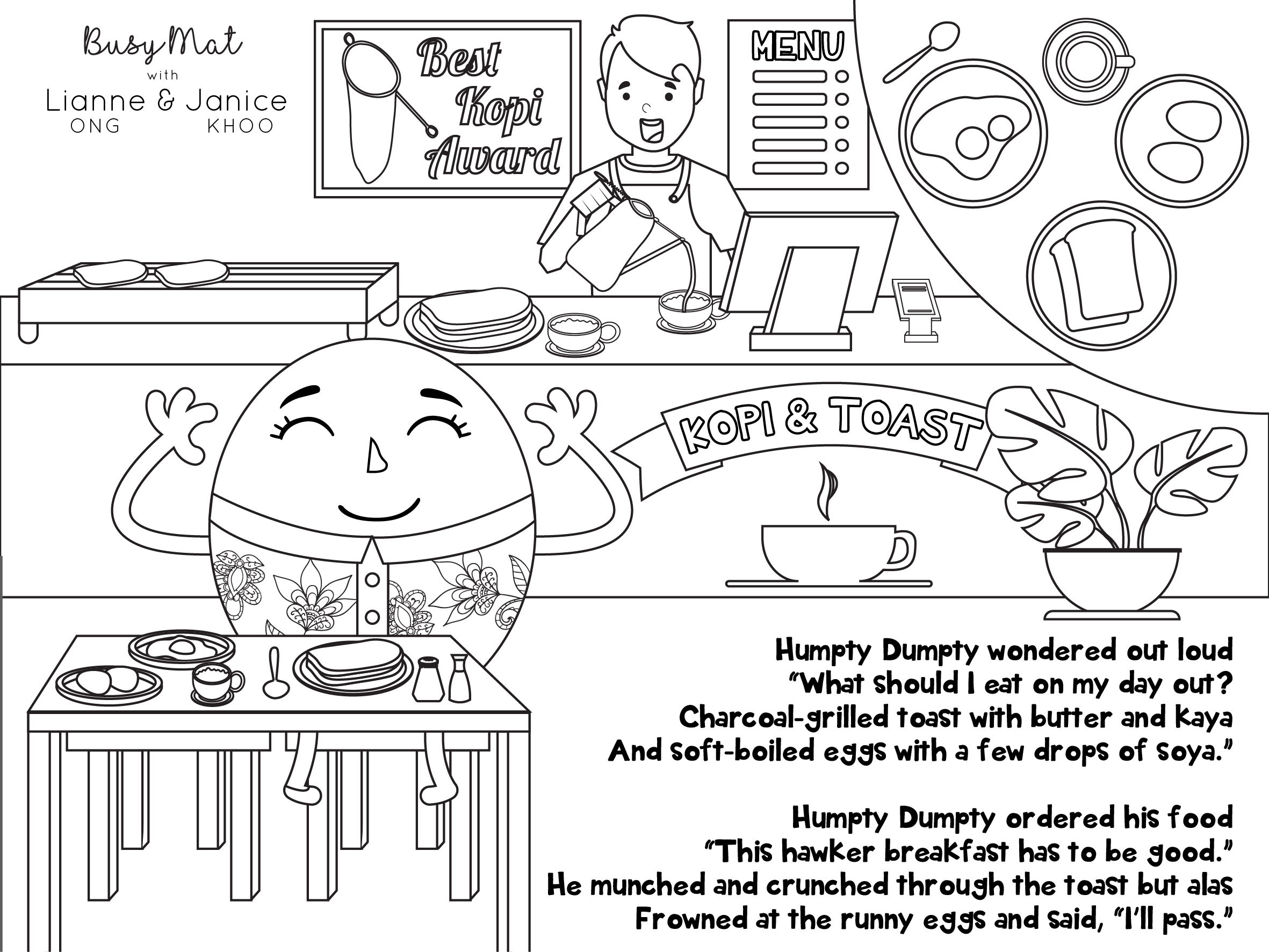 Busy Mat Singapore Hawker Food Nursery Rhyme Travel Series Placemat: Humpty Dumpty - Kopi & Toast (Placemat Only)