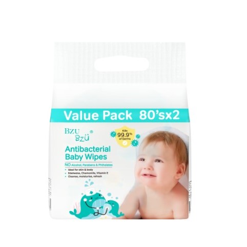 Bzu Bzu Anti-Bacterial Baby Wipes 2x80s (Value Pack)