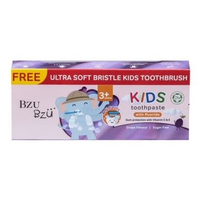 Bzu Bzu Kids Oral Care Bundle - 2xToothpaste & Brush (Strawberry / Grape Flavour)