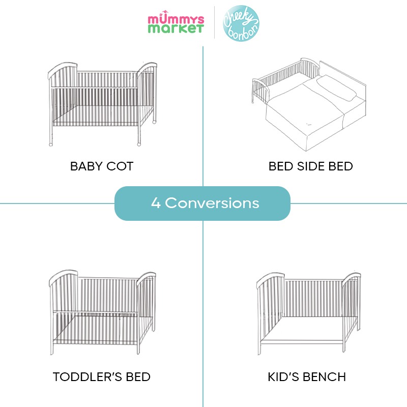Cheeky Bon Bon 4-in-1 Anti-Microbial Solid Wood with Drop Side Mechanism Baby Cot (3 Years Warranty)