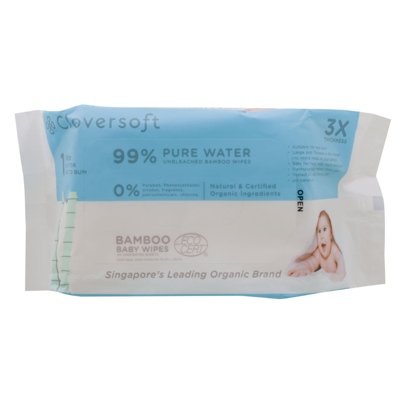 Cloversoft Unbleached Bamboo Organic Pure Water Baby Wipes Carton (40 sheets x 30 packs)