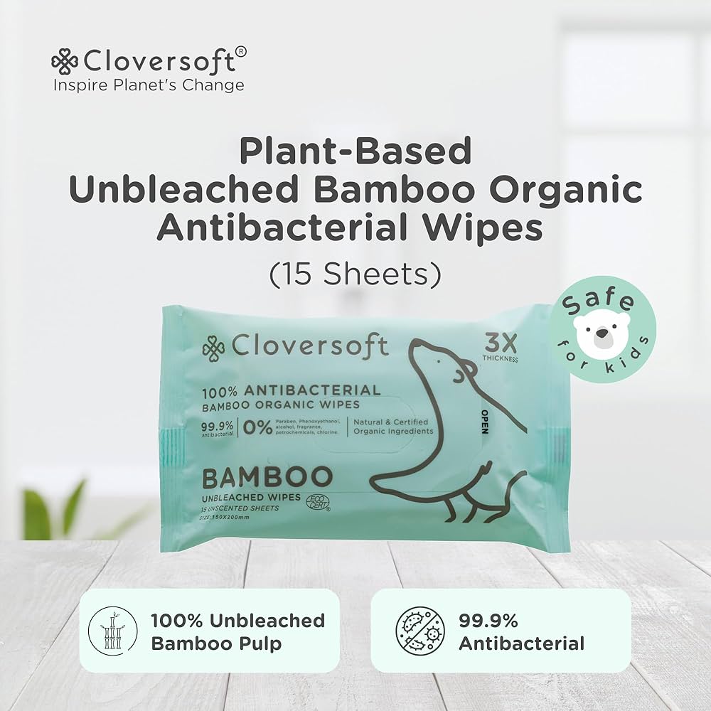 Cloversoft Unbleached Bamboo Organic Antibacterial Wipes - 15 Sheets