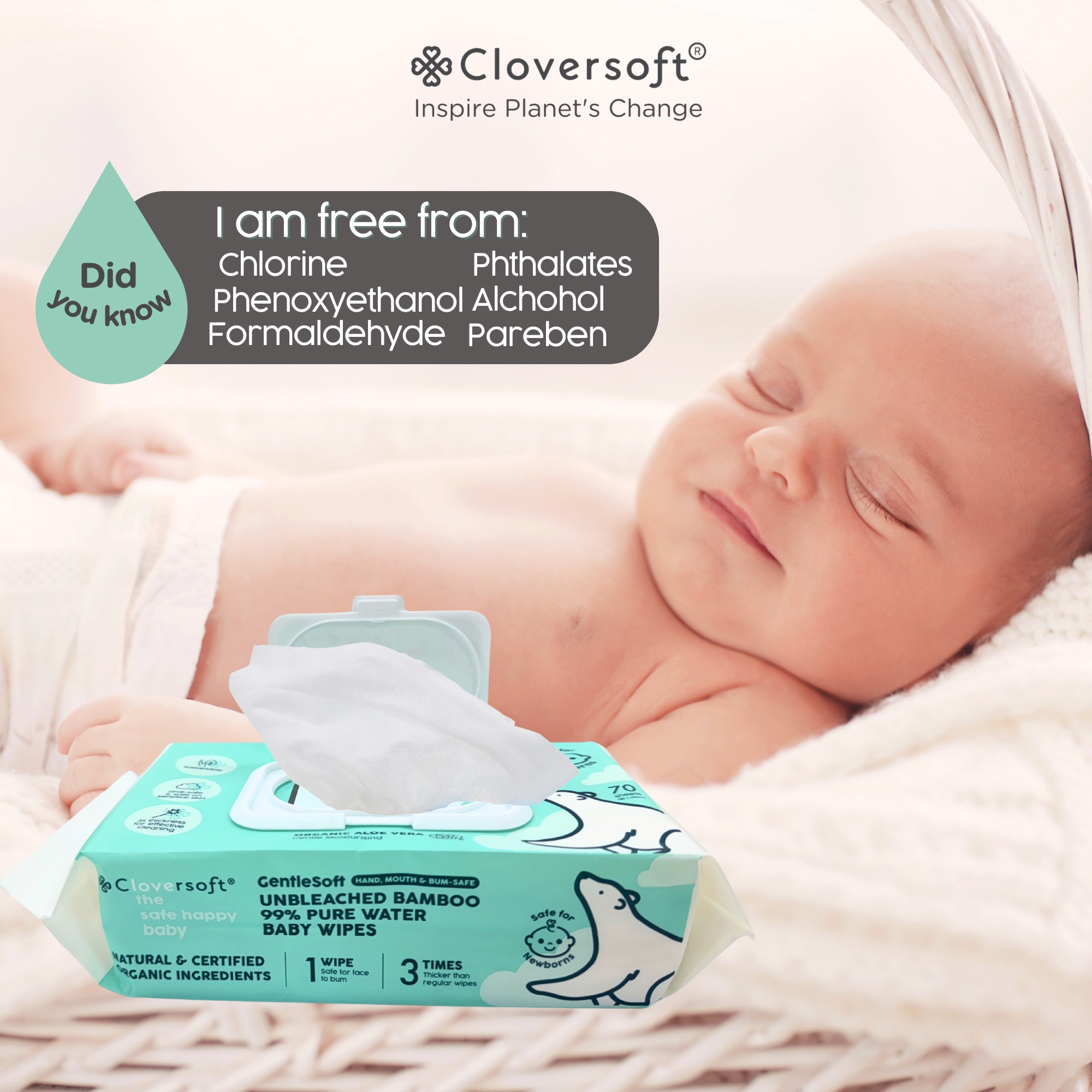 (Bundle of 3) Cloversoft Unbleached Bamboo Organic Pure Water Baby Wipes 70 Sheets