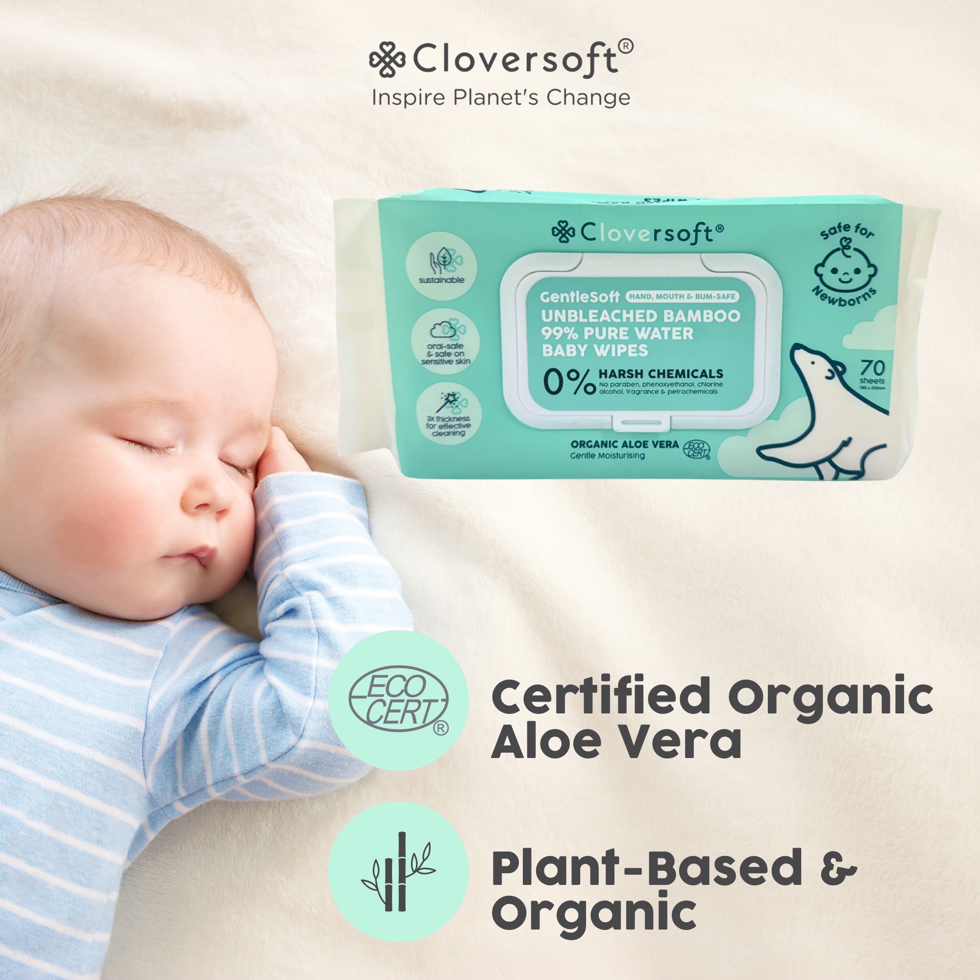 (Bundle of 3) Cloversoft Unbleached Bamboo Organic Pure Water Baby Wipes 70 Sheets