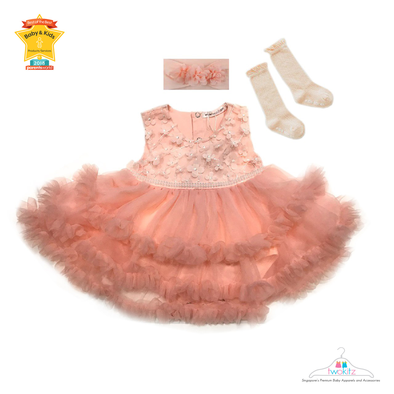 Twokitz Coral Floral Pearl Fluffy Romper Dress + Free Headband and a pair of socks