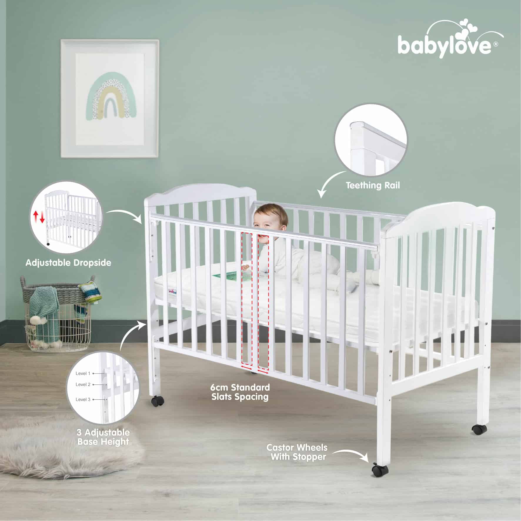 Babylove Best Basic Baby Cot - White / Natural