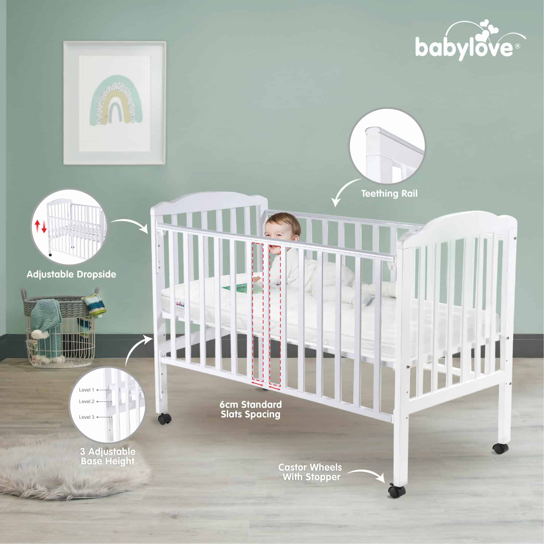 Babylove Best Basic Baby Cot(120x60cm Size) 10 in 1 Super Bundle Deal