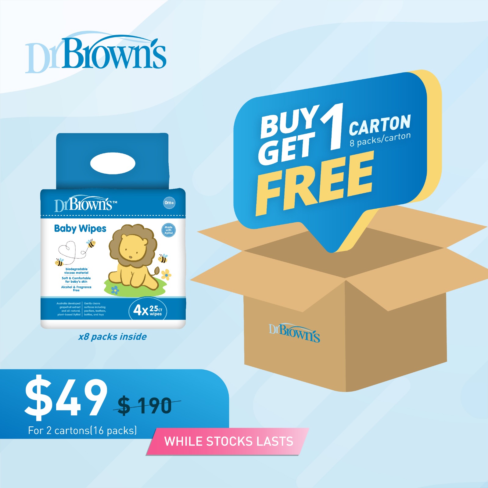 (Buy 1 Free 1) Dr Brown	's Carton Deal Baby Wet Wipes (25s/4 pack set) x 8 Packs