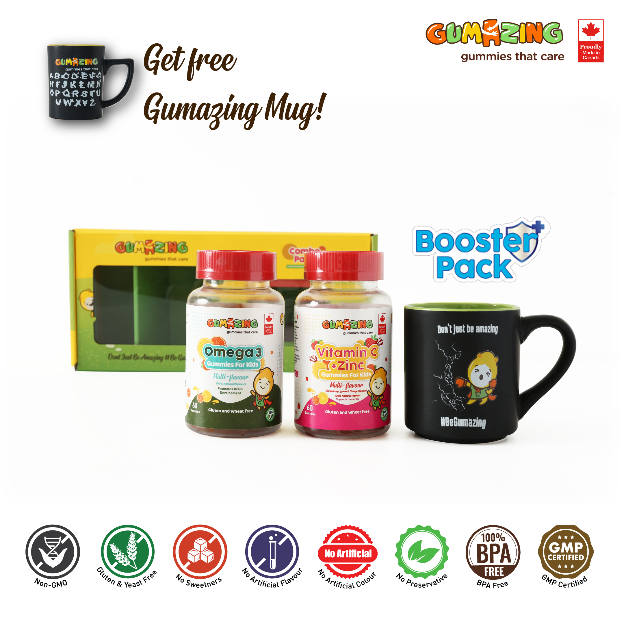 Gumazing Booster Pack (Omega + Vitamin C + Zinc) with mug