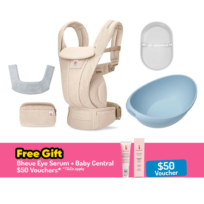 Ergobaby Omni Deluxe Mesh Carrier (Natural Beige) + Ergobaby Drool Bib (Assorted Design) + Bubble Bathtub (Cashmere Blue/Cashmere Pink) + Bubble Changing Mat (Grey/Sage/Taupe)