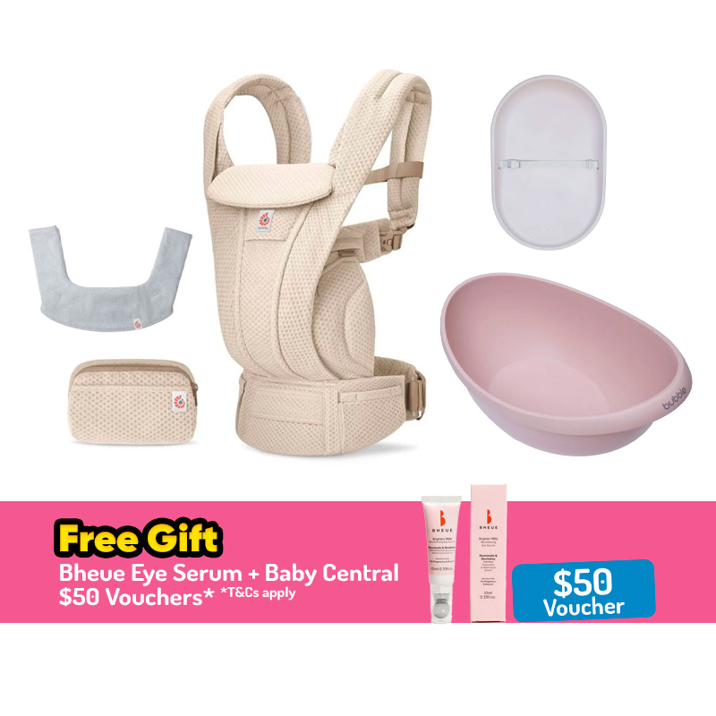 Ergobaby Omni Deluxe Mesh Carrier (Natural Beige) + Ergobaby Drool Bib (Assorted Design) + Bubble Bathtub (Cashmere Blue/Cashmere Pink) + Bubble Changing Mat (Grey/Sage/Taupe)