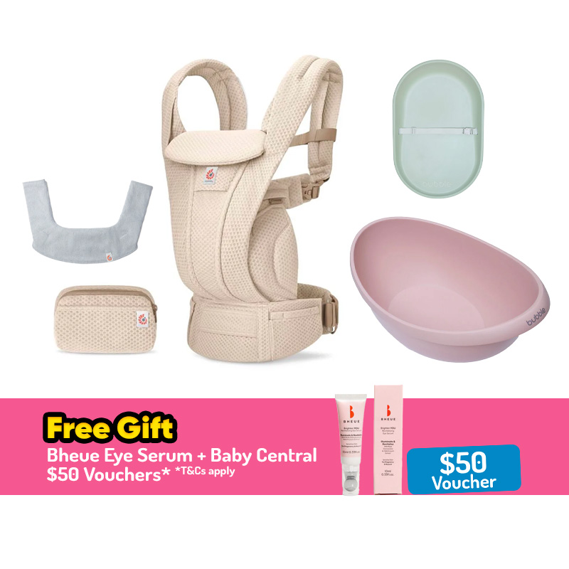 Ergobaby Omni Deluxe Mesh Carrier (Natural Beige) + Ergobaby Drool Bib (Assorted Design) + Bubble Bathtub (Cashmere Blue/Cashmere Pink) + Bubble Changing Mat (Grey/Sage/Taupe)