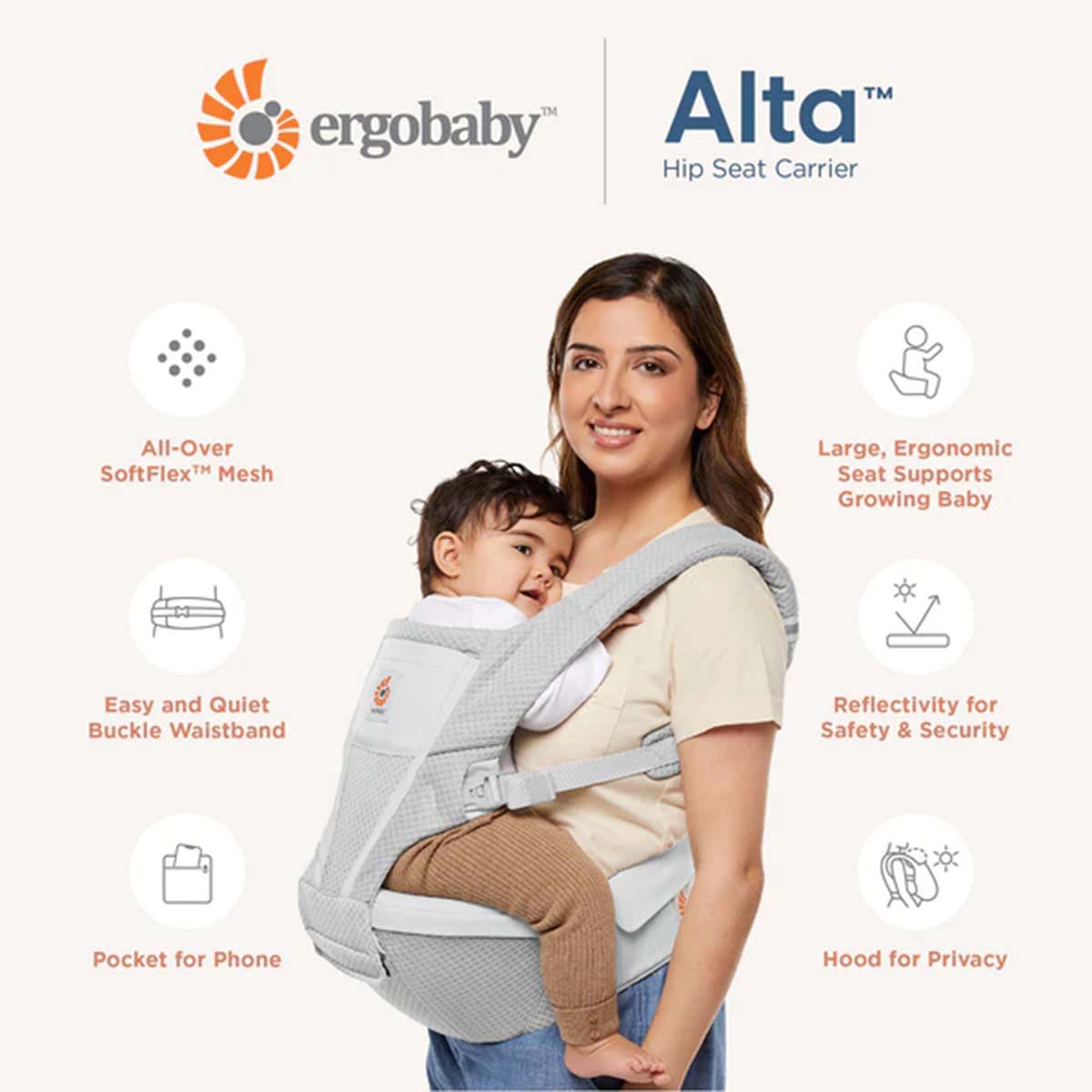 Ergobaby Alta Hip Seat Baby Carrier (SoftFlex™ Mesh) (Pearl Grey) BCHIPSFMGRY