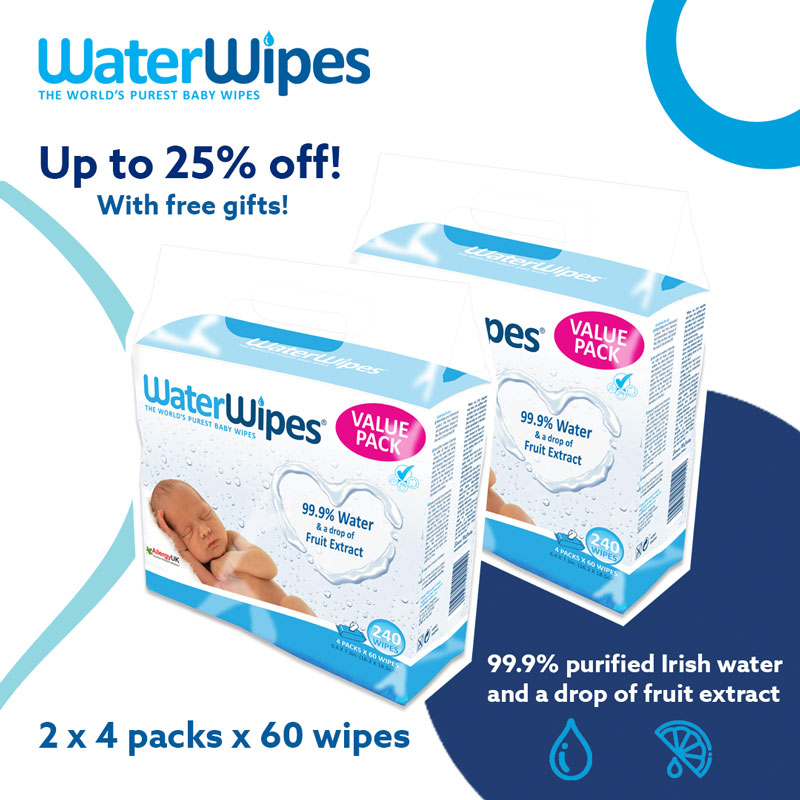 Waterwipes (2 x 4 packs of 60 wipes) + Free Baby wipes sachets x 10 + Facial wipes sachets x 2